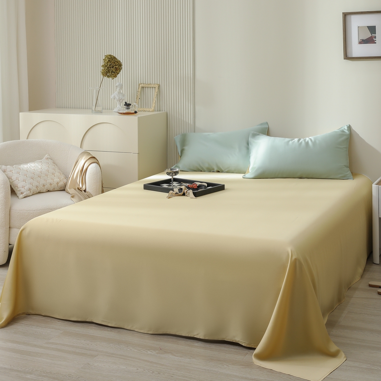 91家纺网 家纺一手货源 找家纺 禾时 2026新款奥地利进口兰精天丝夏被夏凉被空调被四件套 浅艾绿-香槟金