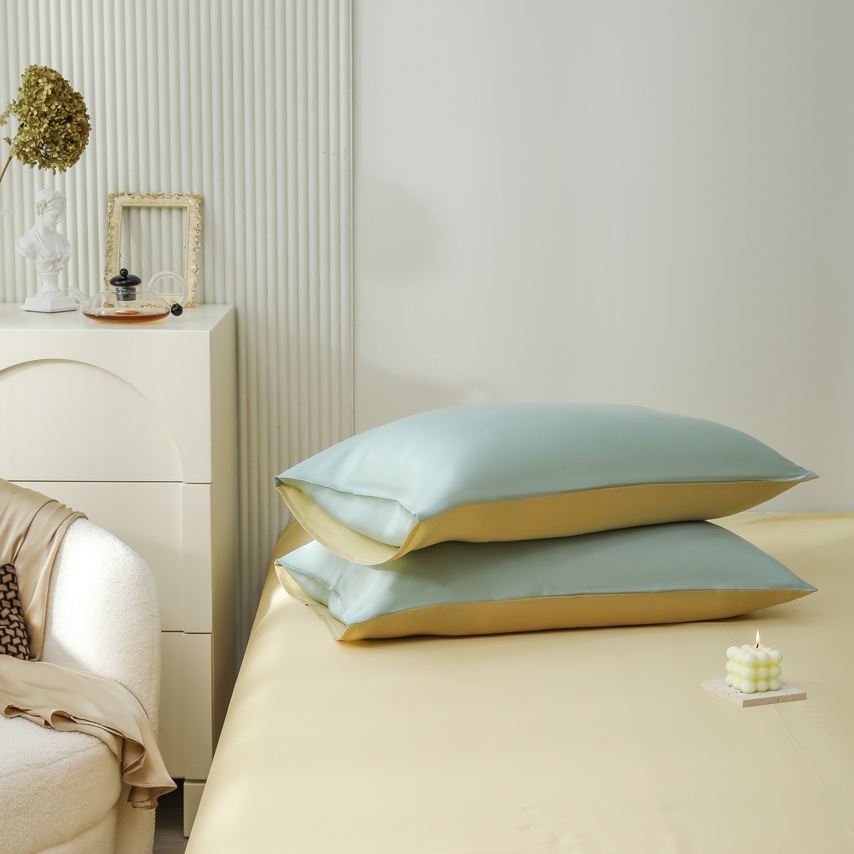 91家纺网 家纺一手货源 找家纺 禾时 2026新款奥地利进口兰精天丝夏被夏凉被空调被四件套 浅艾绿-香槟金