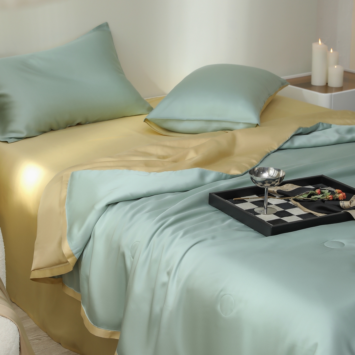 91家纺网 家纺一手货源 找家纺 禾时 2026新款奥地利进口兰精天丝夏被夏凉被空调被四件套 浅艾绿-香槟金