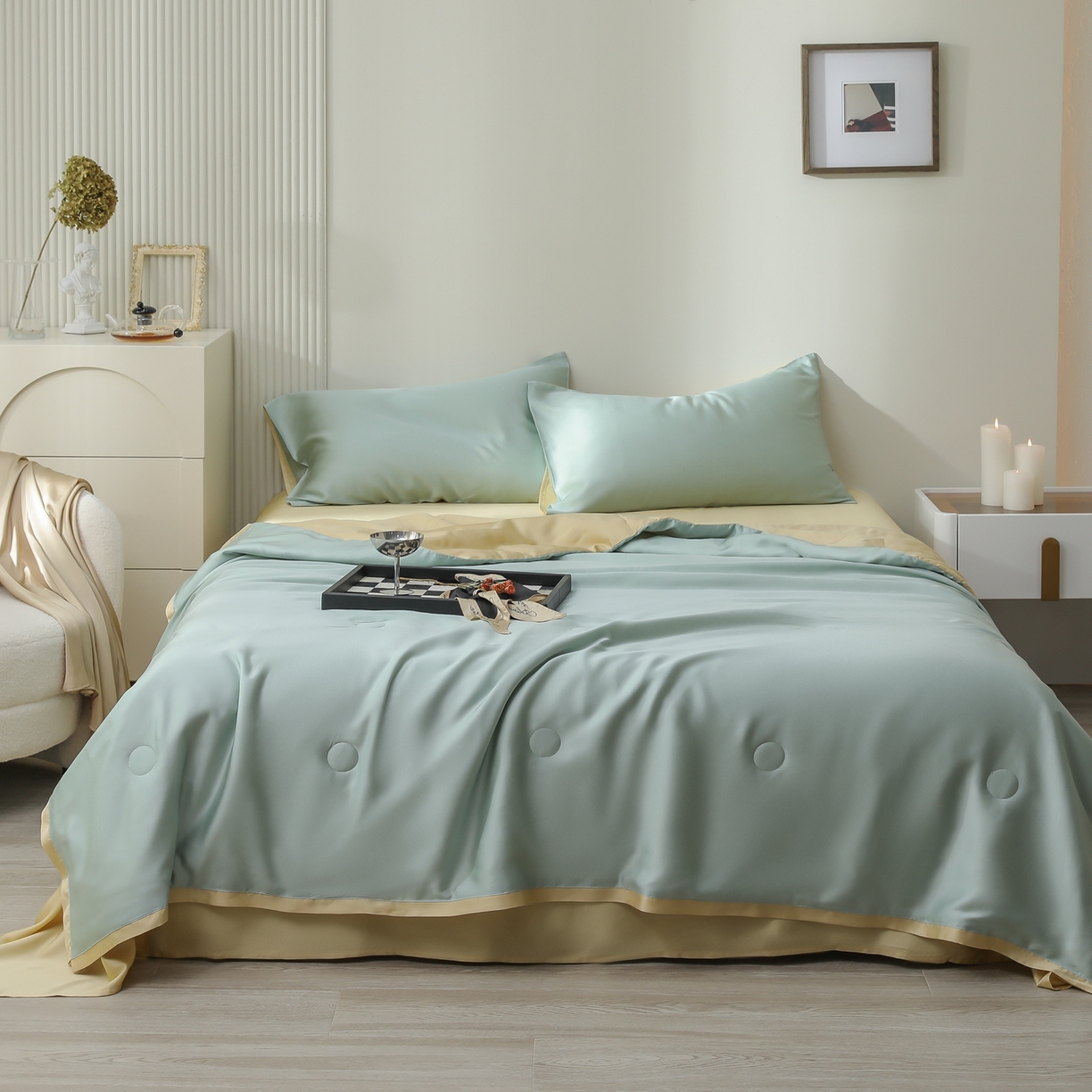 91家纺网 家纺一手货源 找家纺 禾时 2026新款奥地利进口兰精天丝夏被夏凉被空调被四件套 浅艾绿-香槟金