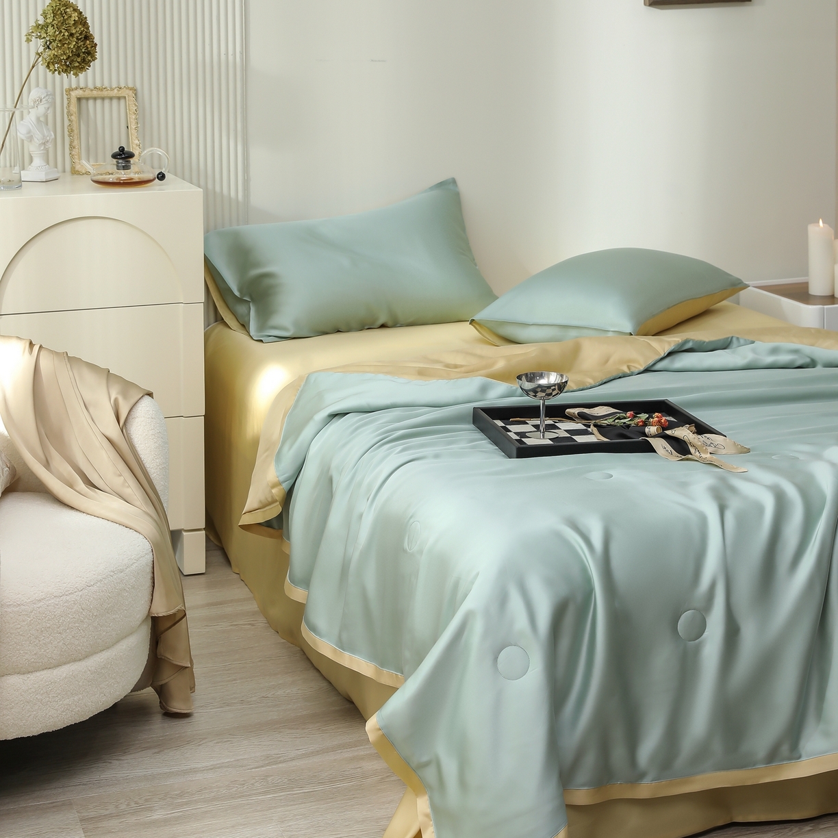 91家纺网 家纺一手货源 找家纺 禾时 2026新款奥地利进口兰精天丝夏被夏凉被空调被四件套 浅艾绿-香槟金