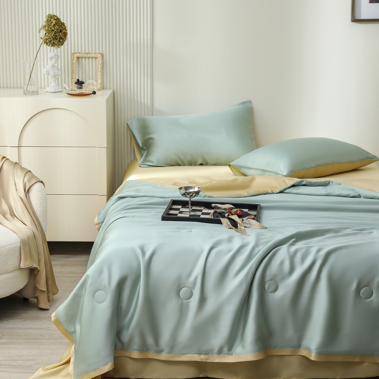 91家纺网 家纺一手货源 找家纺 禾时 2026新款奥地利进口兰精天丝夏被夏凉被空调被四件套 浅艾绿-香槟金