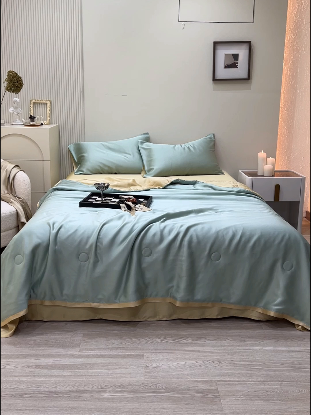 91家纺网 家纺一手货源 找家纺 禾时 2026新款奥地利进口兰精天丝夏被夏凉被空调被四件套 浅艾绿-香槟金