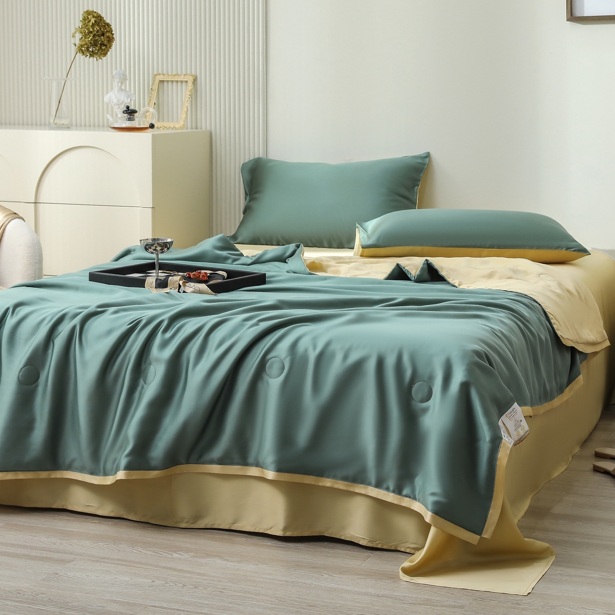 91家纺网 家纺一手货源 找家纺 禾时 2026新款奥地利进口兰精天丝夏被夏凉被空调被四件套 天青色-香槟金