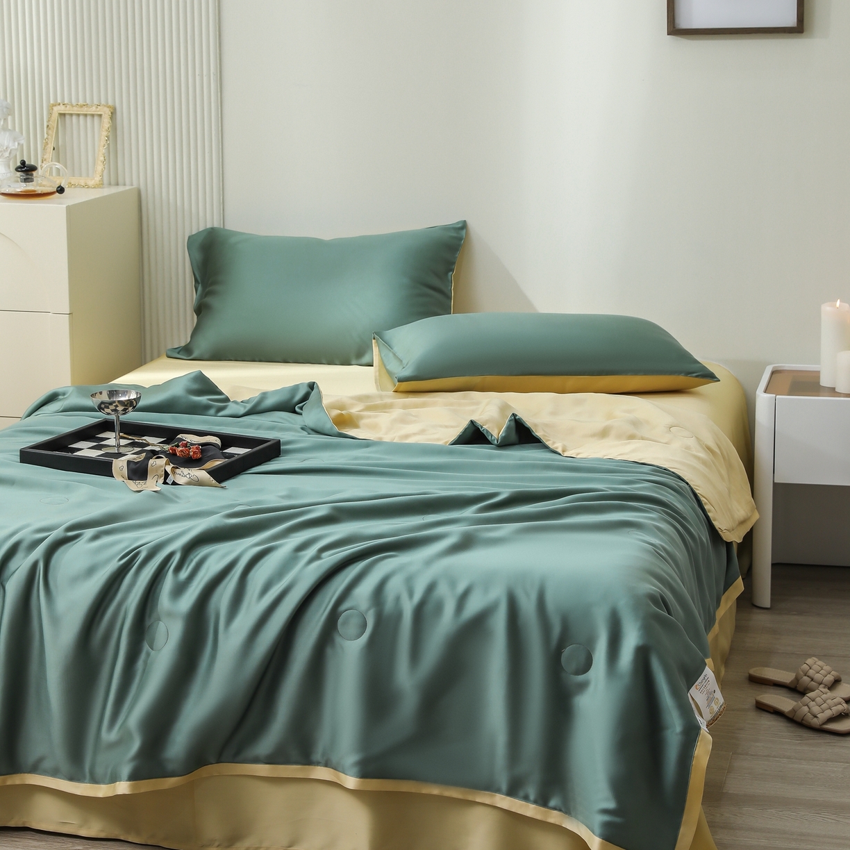 91家纺网 家纺一手货源 找家纺 禾时 2026新款奥地利进口兰精天丝夏被夏凉被空调被四件套 天青色-香槟金