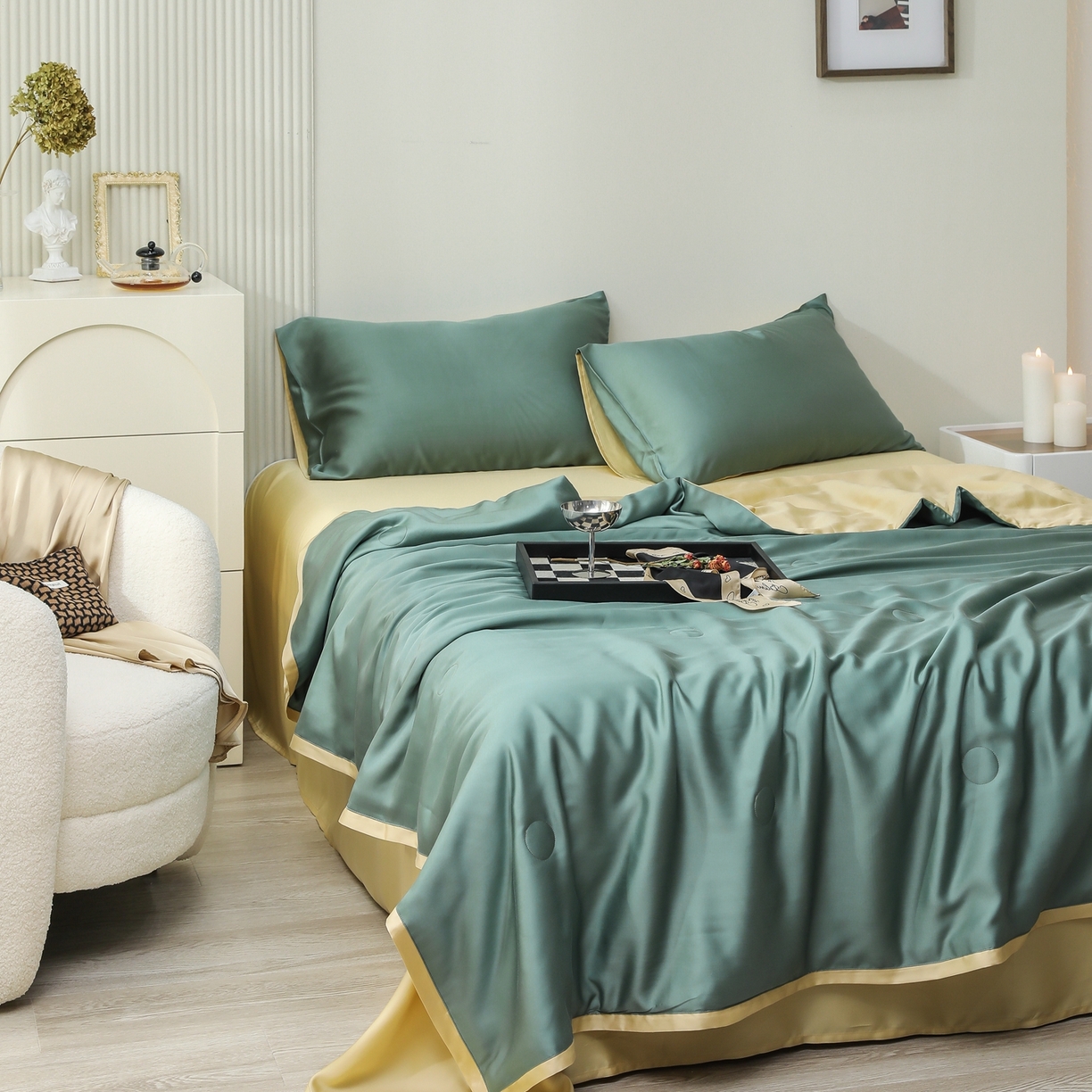 91家纺网 家纺一手货源 找家纺 禾时 2026新款奥地利进口兰精天丝夏被夏凉被空调被四件套 天青色-香槟金