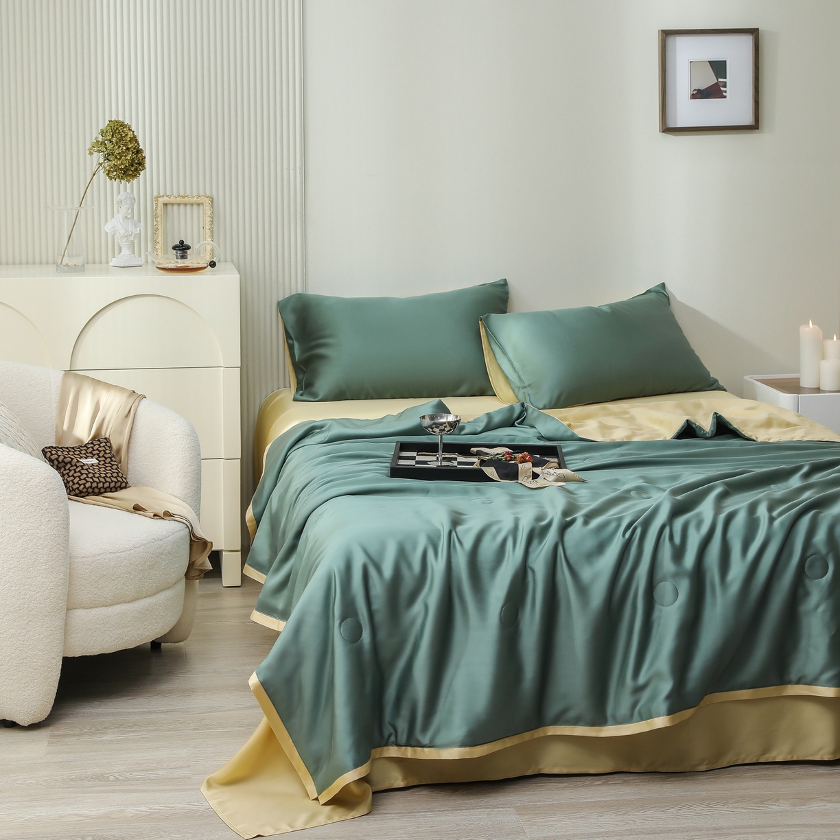 91家纺网 家纺一手货源 找家纺 禾时 2026新款奥地利进口兰精天丝夏被夏凉被空调被四件套 天青色-香槟金