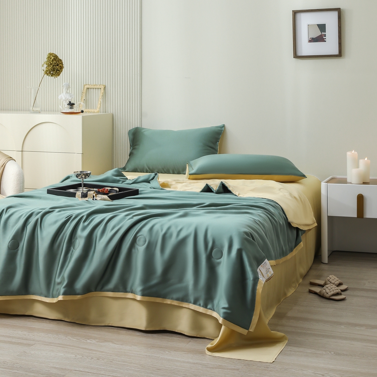 91家纺网 家纺一手货源 找家纺 禾时 2026新款奥地利进口兰精天丝夏被夏凉被空调被四件套 天青色-香槟金