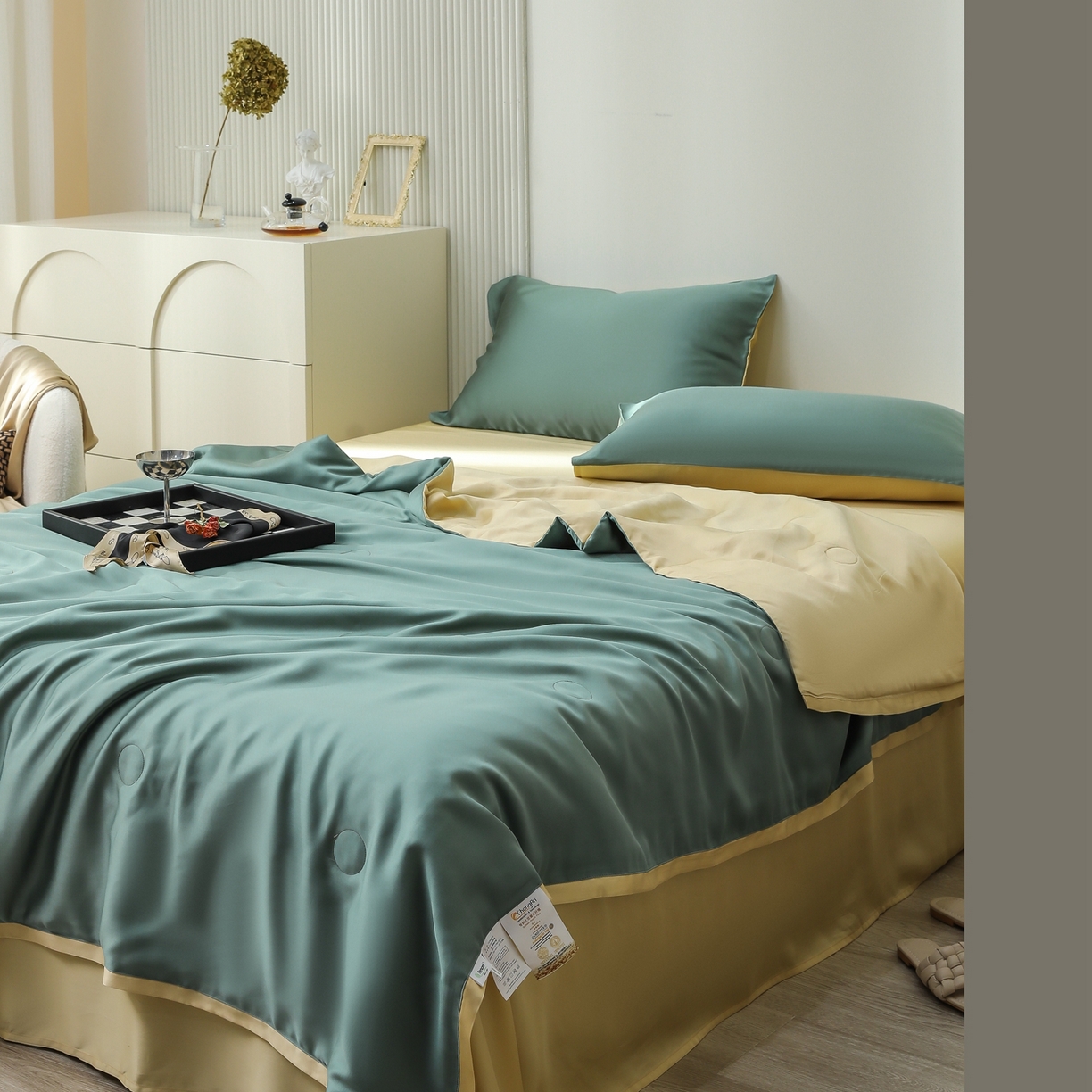 91家纺网 家纺一手货源 找家纺 禾时 2026新款奥地利进口兰精天丝夏被夏凉被空调被四件套 天青色-香槟金