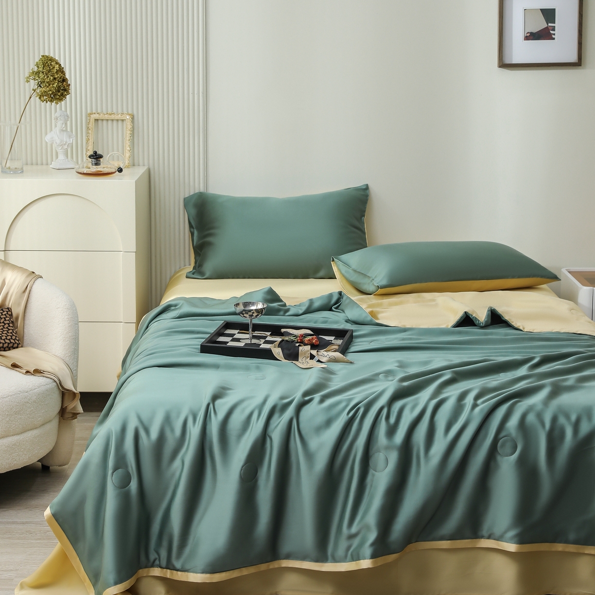 91家纺网 家纺一手货源 找家纺 禾时 2026新款奥地利进口兰精天丝夏被夏凉被空调被四件套 天青色-香槟金