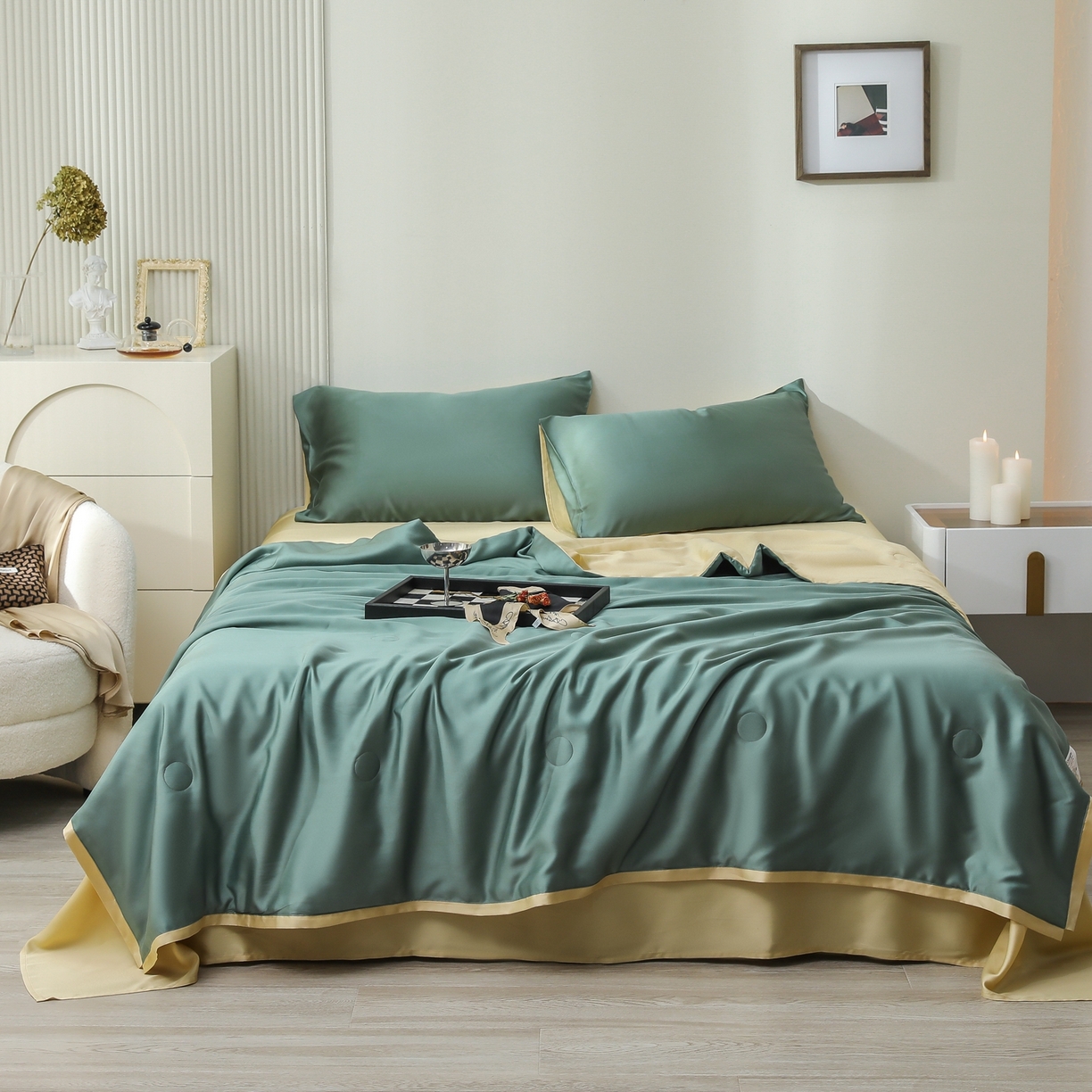 91家纺网 家纺一手货源 找家纺 禾时 2026新款奥地利进口兰精天丝夏被夏凉被空调被四件套 天青色-香槟金