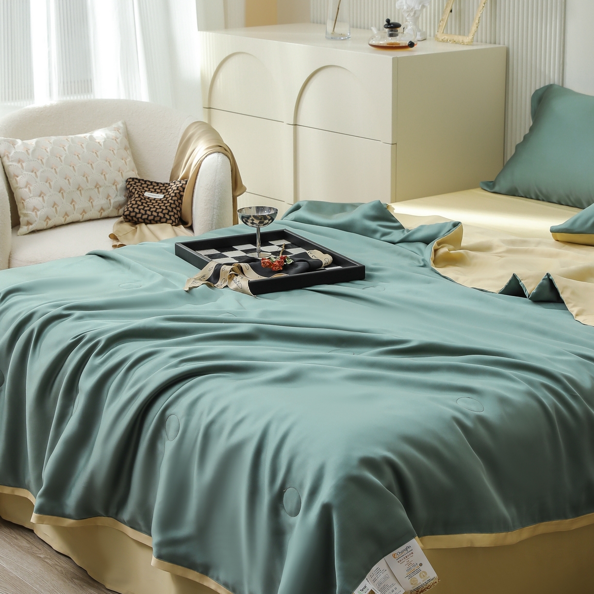 91家纺网 家纺一手货源 找家纺 禾时 2026新款奥地利进口兰精天丝夏被夏凉被空调被四件套 天青色-香槟金