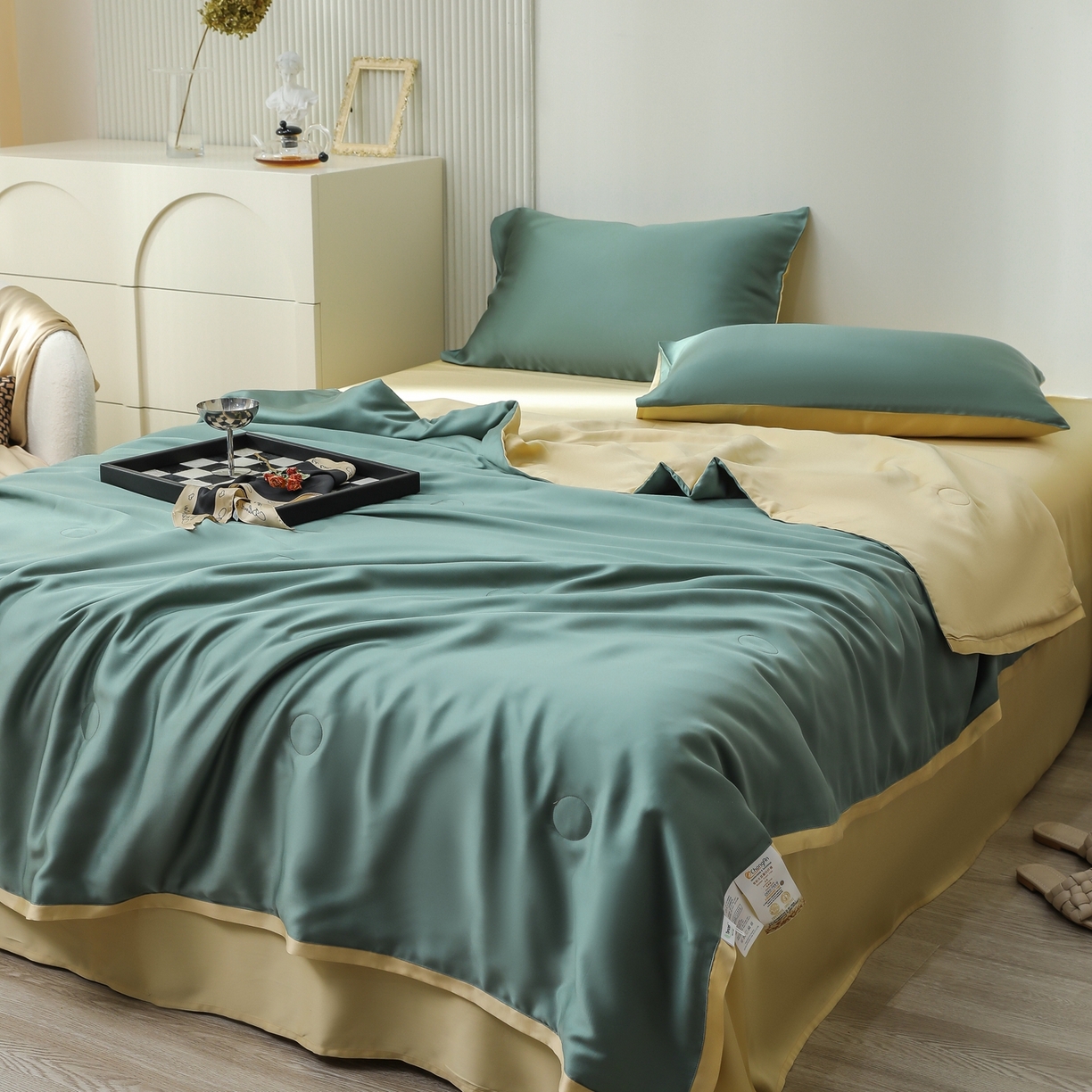 91家纺网 家纺一手货源 找家纺 禾时 2026新款奥地利进口兰精天丝夏被夏凉被空调被四件套 天青色-香槟金