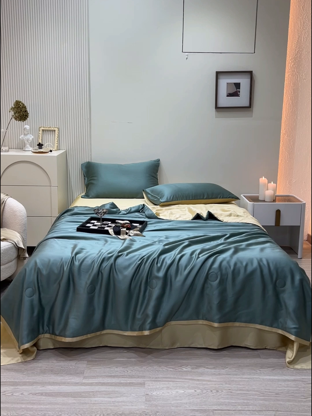 91家纺网 家纺一手货源 找家纺 禾时 2026新款奥地利进口兰精天丝夏被夏凉被空调被四件套 天青色-香槟金