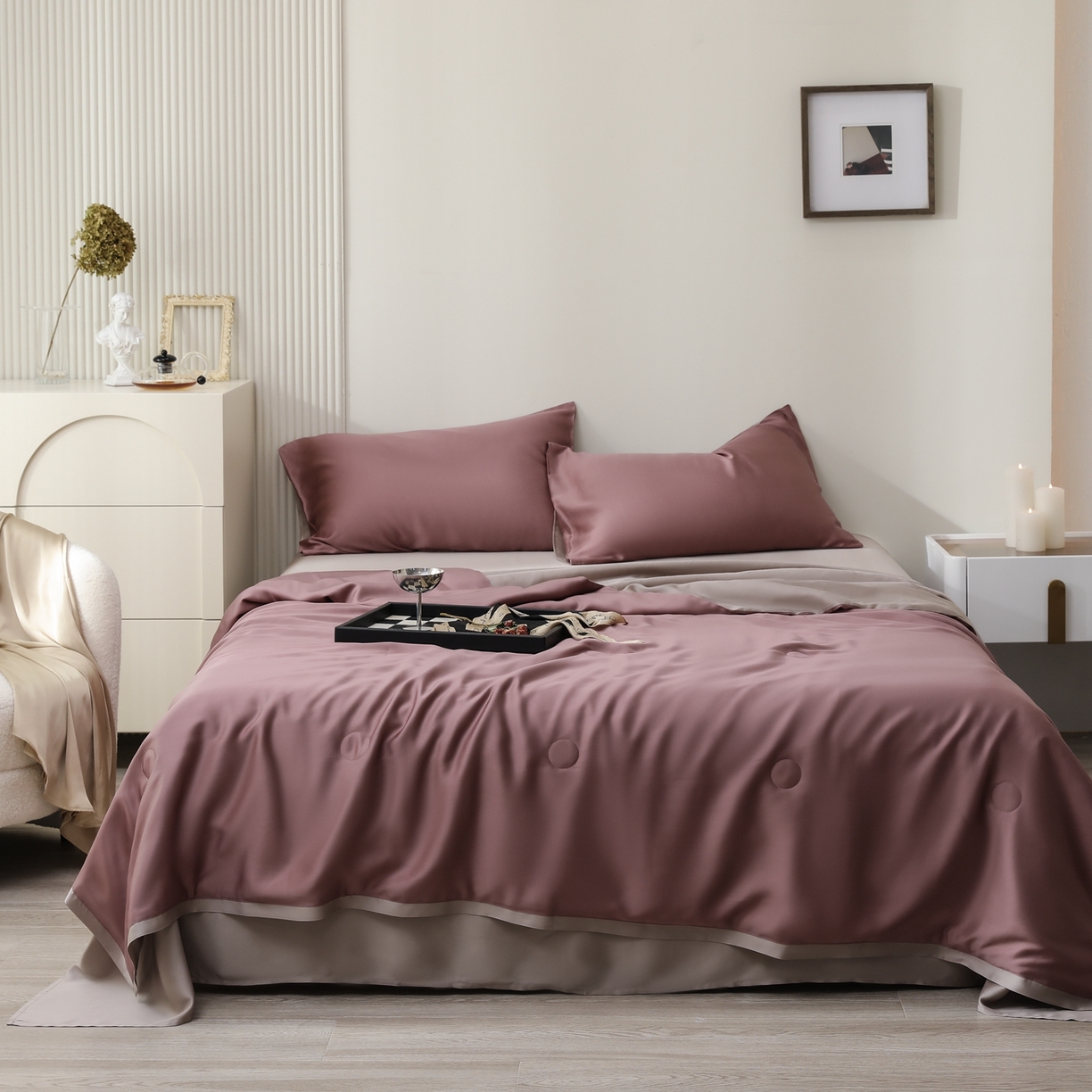 91家纺网 家纺一手货源 找家纺 禾时 2026新款奥地利进口兰精天丝夏被夏凉被空调被四件套 野樱莓-芋泥灰