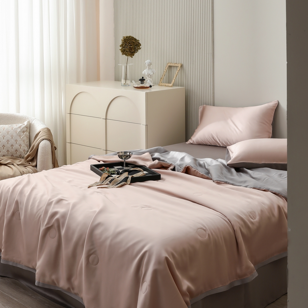 91家纺网 家纺一手货源 找家纺 禾时 2026新款奥地利进口兰精天丝夏被夏凉被空调被四件套 月光色-岩石灰