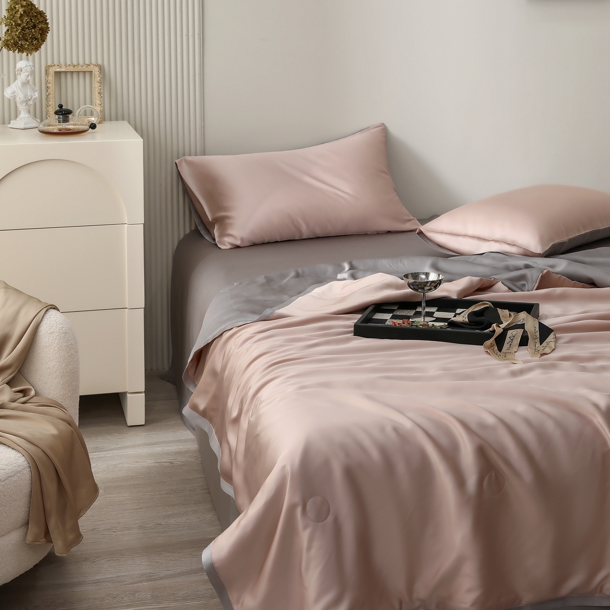 91家纺网 家纺一手货源 找家纺 禾时 2026新款奥地利进口兰精天丝夏被夏凉被空调被四件套 月光色-岩石灰