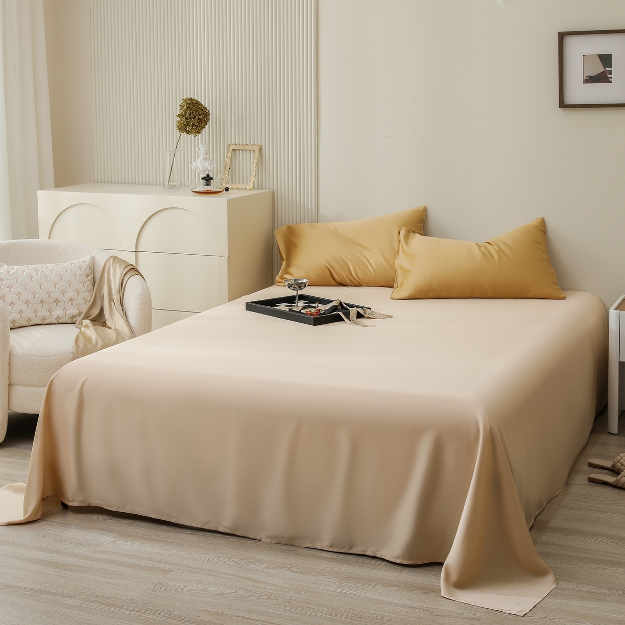 91家纺网 家纺一手货源 找家纺 禾时 2026新款奥地利进口兰精天丝夏被夏凉被空调被四件套 芝士黄-沙茶色