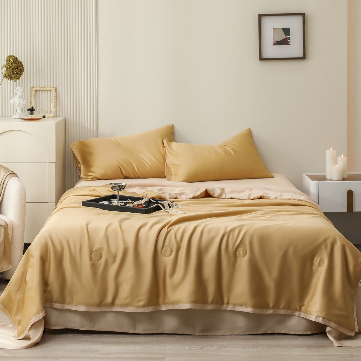 91家纺网 家纺一手货源 找家纺 禾时 2026新款奥地利进口兰精天丝夏被夏凉被空调被四件套 芝士黄-沙茶色