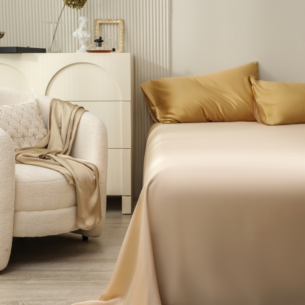 91家纺网 家纺一手货源 找家纺 禾时 2026新款奥地利进口兰精天丝夏被夏凉被空调被四件套 芝士黄-沙茶色