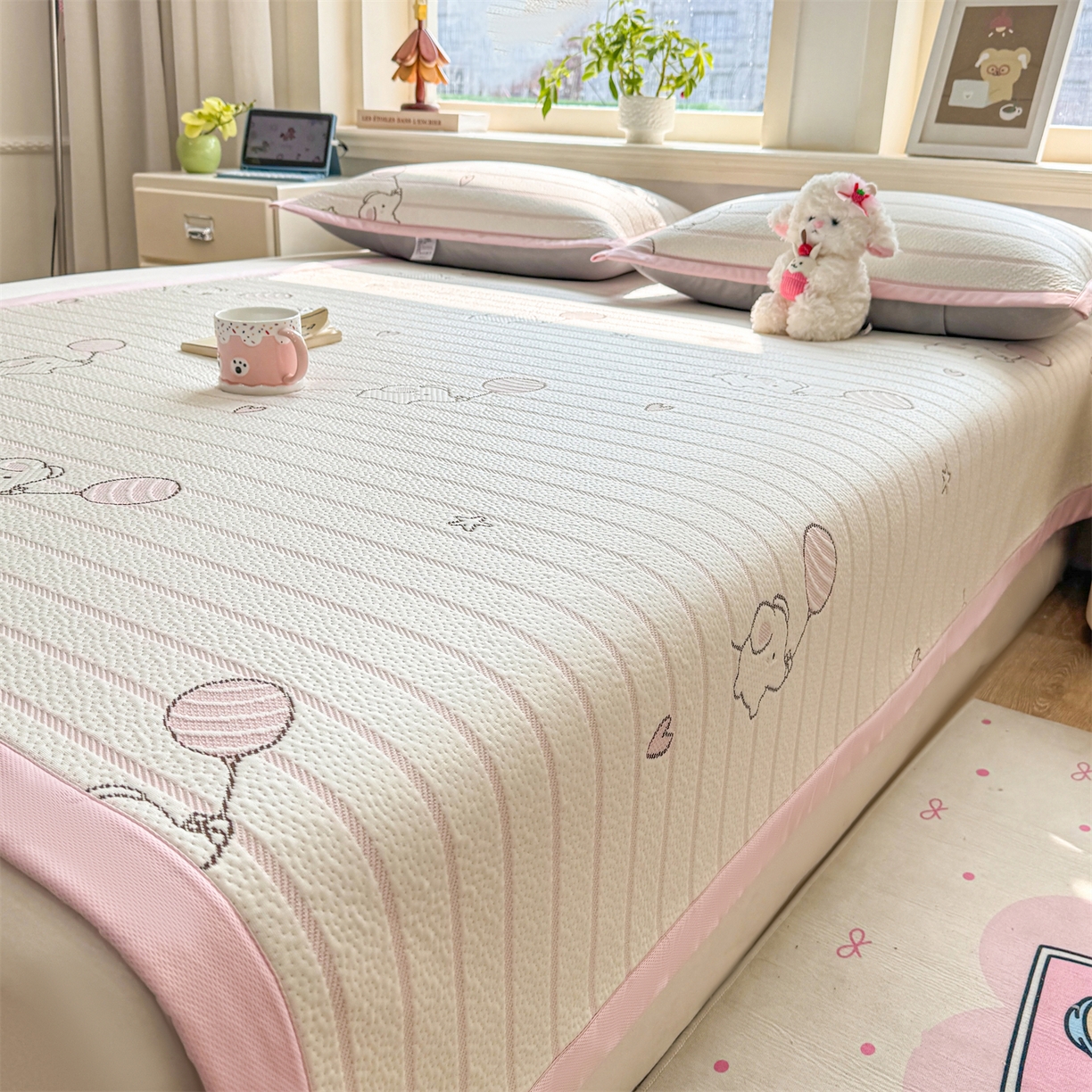 源舍家纺 2026新款A类PE卡通凉席三件套小红书爆款可水洗空调软席凉感值超0.25-床席 气球小象-粉啵啵床席款