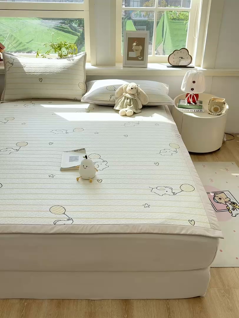 91家纺网 家纺一手货源 找家纺 源舍家纺 2026新款A类PE卡通凉席三件套小红书爆款可水洗空调软席凉感值超0.25-床席 气球小象-咖啵啵床席款