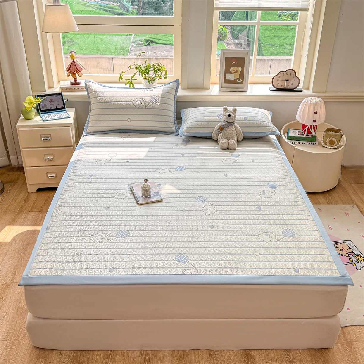 91家纺网 家纺一手货源 找家纺 源舍家纺 2026新款A类PE卡通凉席三件套小红书爆款可水洗空调软席凉感值超0.25-床席 气球小象-蓝啵啵床席款