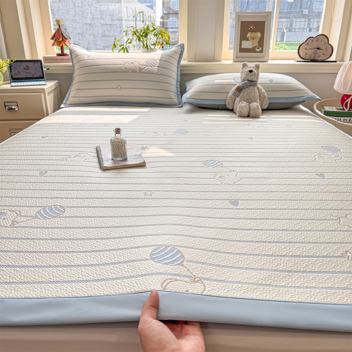 91家纺网 家纺一手货源 找家纺 源舍家纺 2026新款A类PE卡通凉席三件套小红书爆款可水洗空调软席凉感值超0.25-床席 气球小象-蓝啵啵床席款