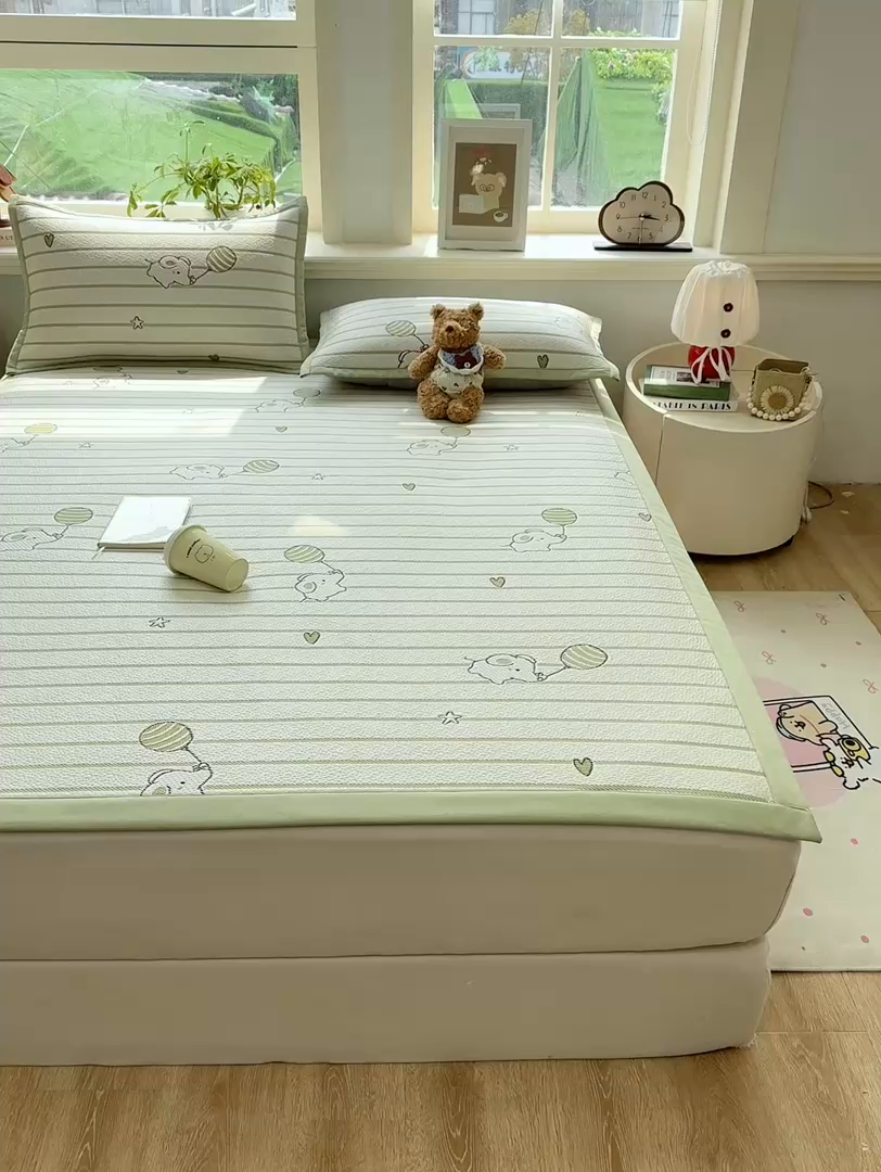 91家纺网 家纺一手货源 找家纺 源舍家纺 2026新款A类PE卡通凉席三件套小红书爆款可水洗空调软席凉感值超0.25-床席 气球小象-绿啵啵床席款