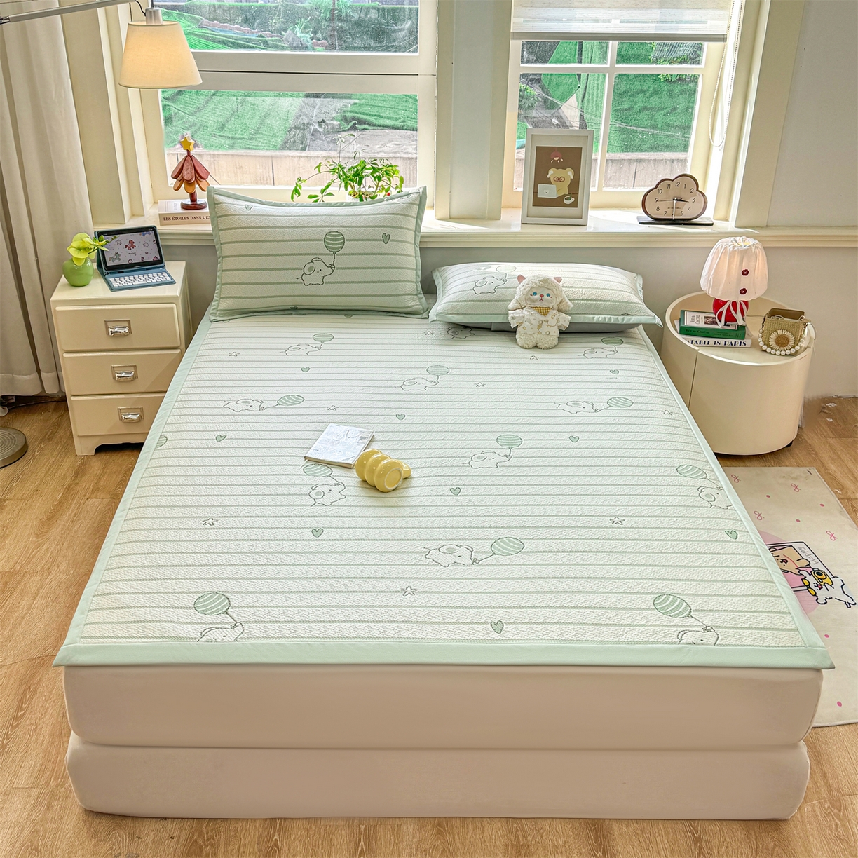 91家纺网 家纺一手货源 找家纺 源舍家纺 2026新款A类PE卡通凉席三件套小红书爆款可水洗空调软席凉感值超0.25-床席 气球小象-青啵啵床席款