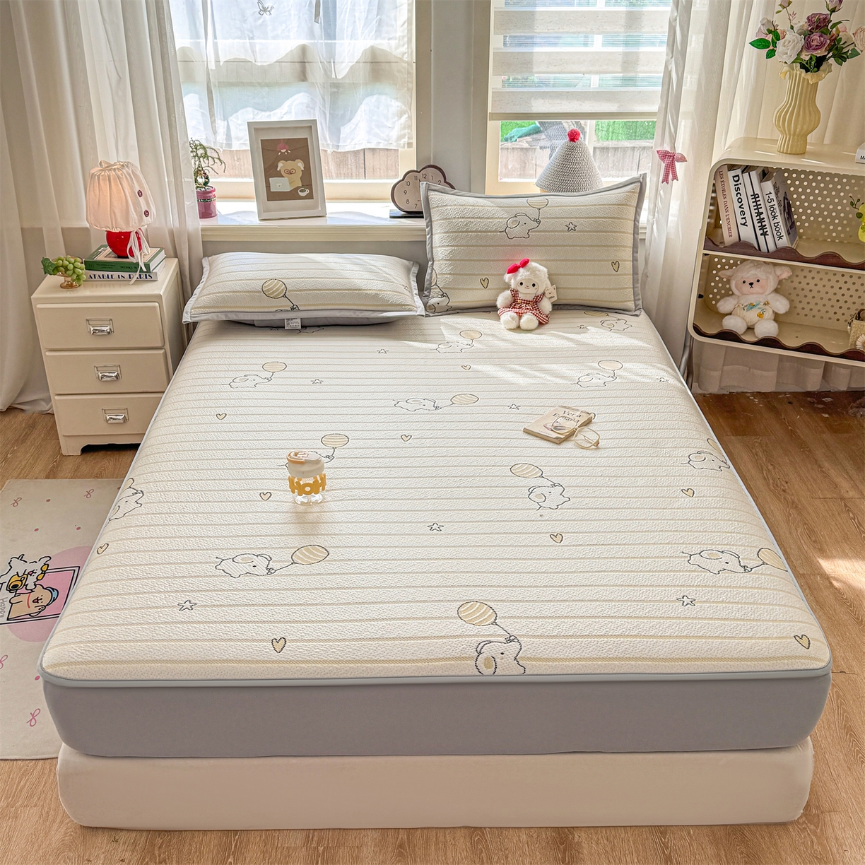 91家纺网 家纺一手货源 找家纺 源舍家纺 2026新款A类PE卡通凉席三件套小红书爆款可水洗空调软席凉感值超0.25-床席 气球小象-黄啵啵床笠款