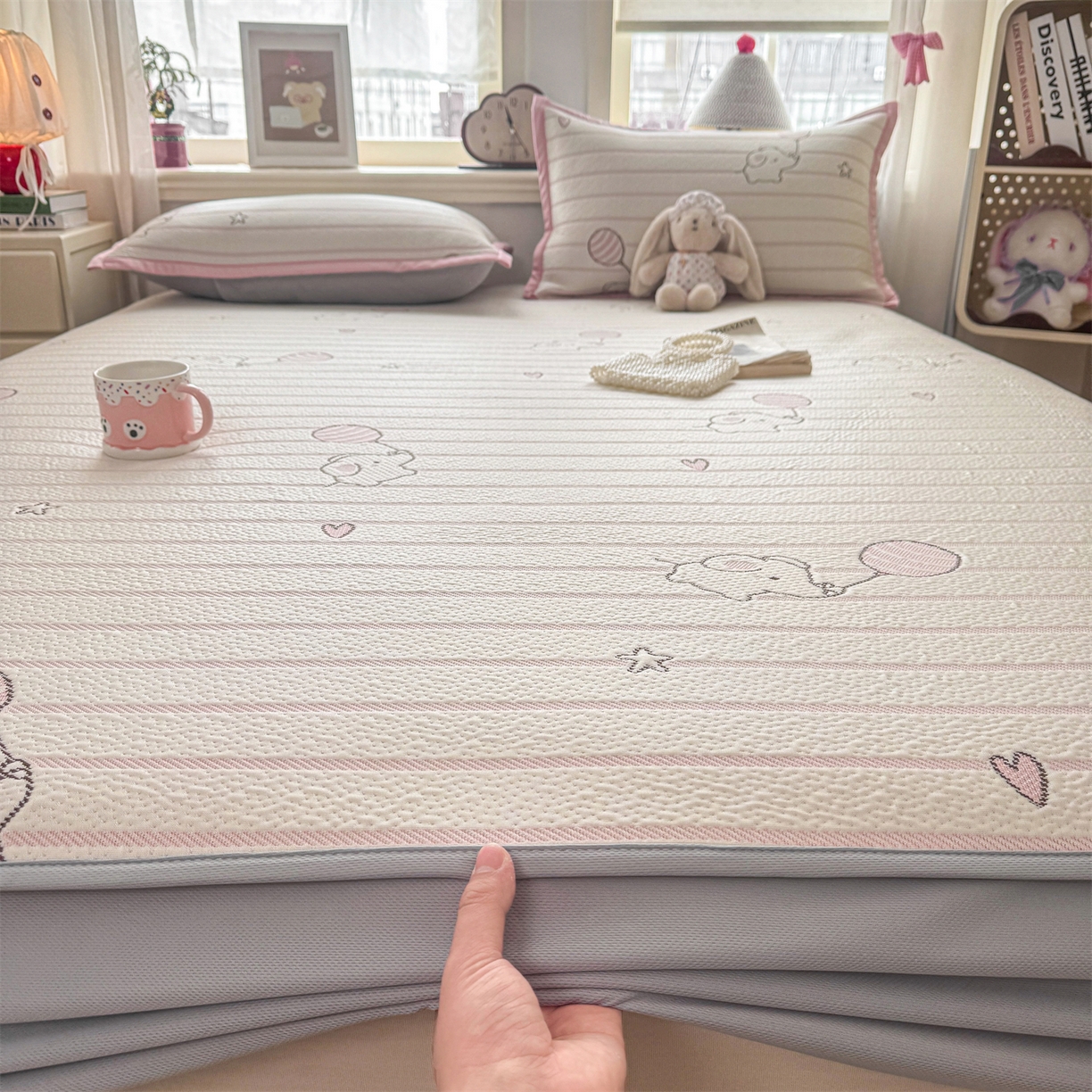 91家纺网 家纺一手货源 找家纺 源舍家纺 2026新款A类PE卡通凉席三件套小红书爆款可水洗空调软席凉感值超0.25-床席 气球小象-粉啵啵床笠款