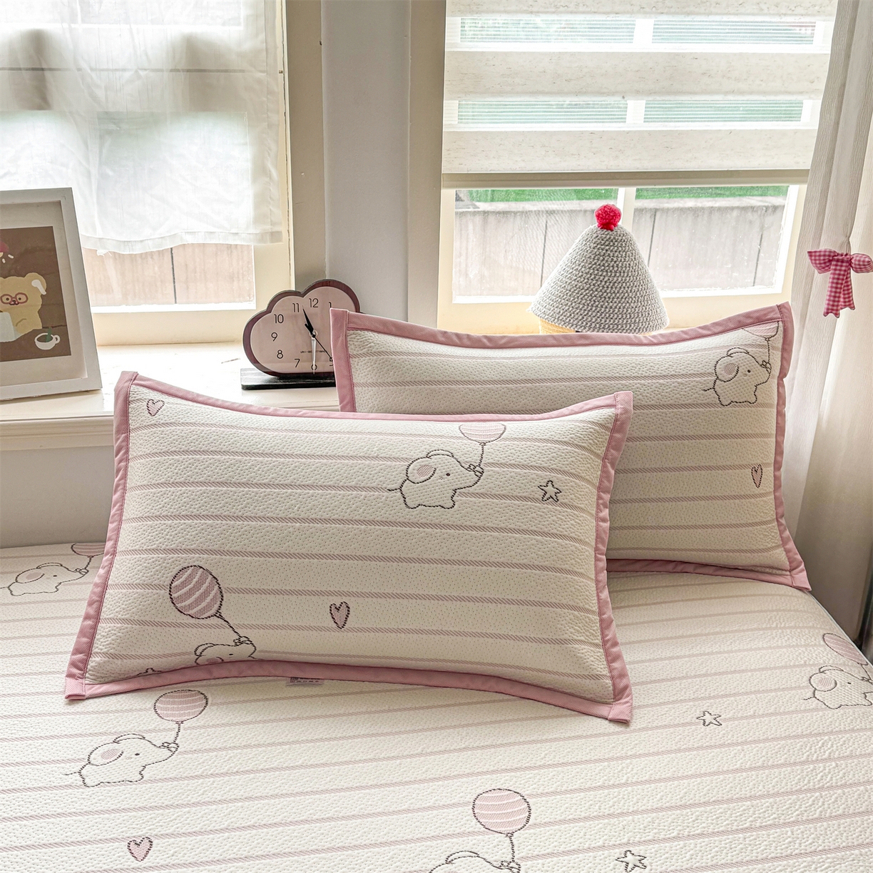 91家纺网 家纺一手货源 找家纺 源舍家纺 2026新款A类PE卡通凉席三件套小红书爆款可水洗空调软席凉感值超0.25-床席 气球小象-粉啵啵床笠款