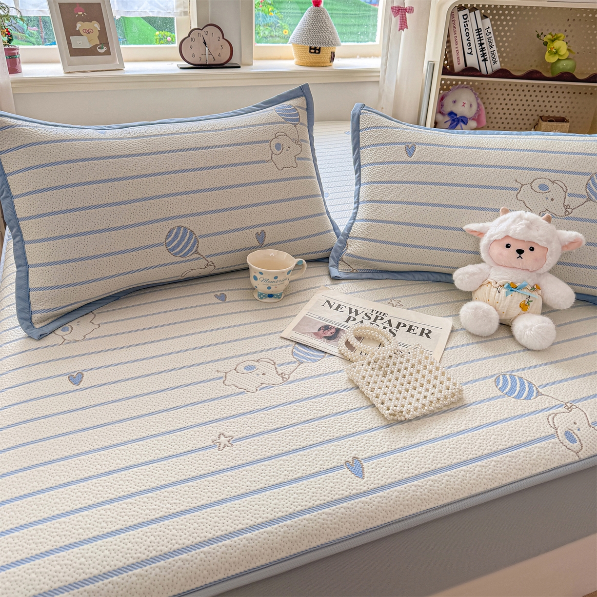 91家纺网 家纺一手货源 找家纺 源舍家纺 2026新款A类PE卡通凉席三件套小红书爆款可水洗空调软席凉感值超0.25-床席 气球小象-蓝啵啵床笠款