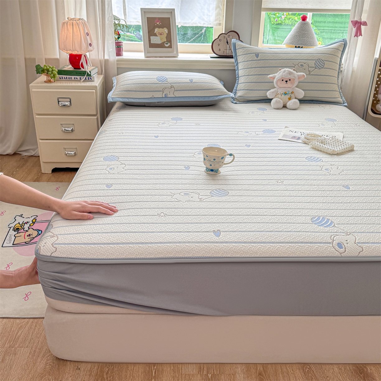 91家纺网 家纺一手货源 找家纺 源舍家纺 2026新款A类PE卡通凉席三件套小红书爆款可水洗空调软席凉感值超0.25-床席 气球小象-蓝啵啵床笠款