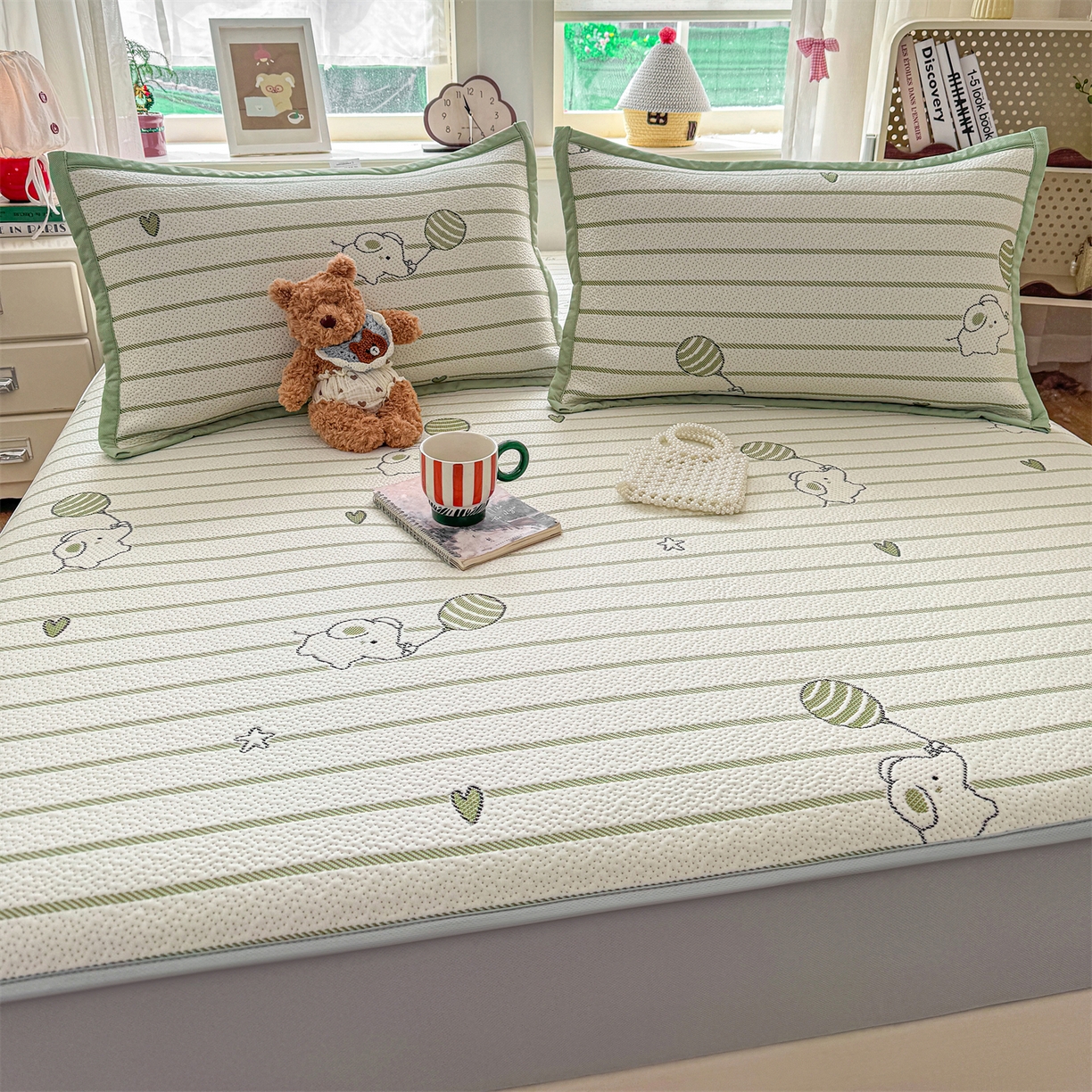 源舍家纺 2026新款A类PE卡通凉席三件套小红书爆款可水洗空调软席凉感值超0.25-床席 气球小象-绿啵啵床笠款