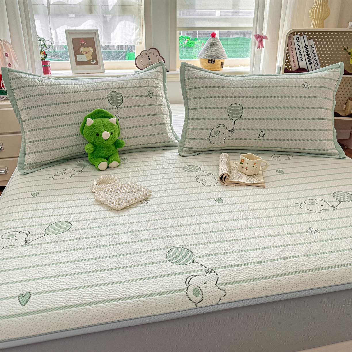 源舍家纺 2026新款A类PE卡通凉席三件套小红书爆款可水洗空调软席凉感值超0.25-床席 气球小象-青啵啵床笠款