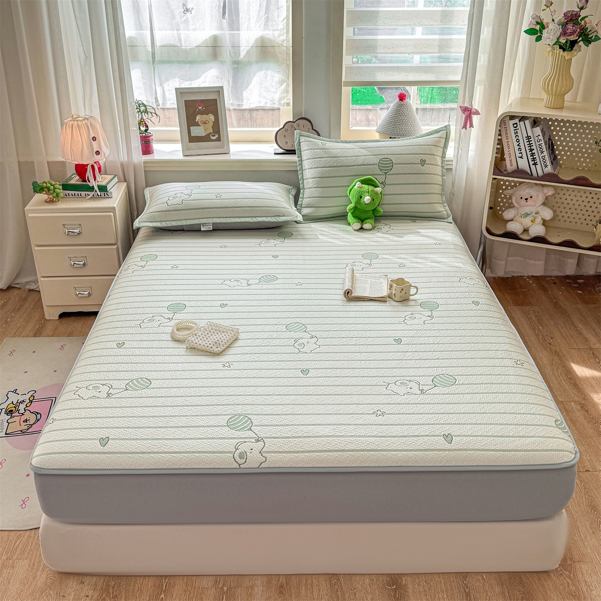 91家纺网 家纺一手货源 找家纺 源舍家纺 2026新款A类PE卡通凉席三件套小红书爆款可水洗空调软席凉感值超0.25-床席 气球小象-青啵啵床笠款