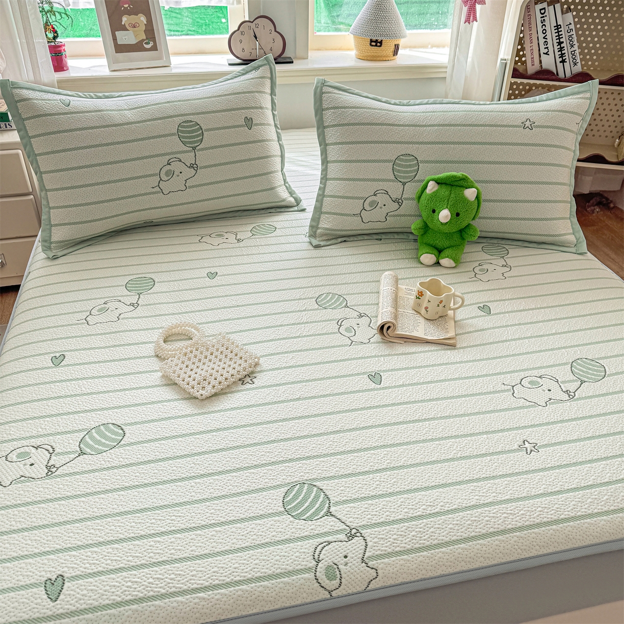 91家纺网 家纺一手货源 找家纺 源舍家纺 2026新款A类PE卡通凉席三件套小红书爆款可水洗空调软席凉感值超0.25-床席 气球小象-青啵啵床笠款