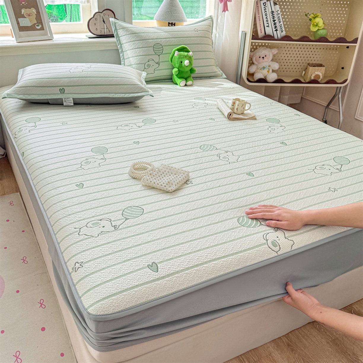 91家纺网 家纺一手货源 找家纺 源舍家纺 2026新款A类PE卡通凉席三件套小红书爆款可水洗空调软席凉感值超0.25-床席 气球小象-青啵啵床笠款