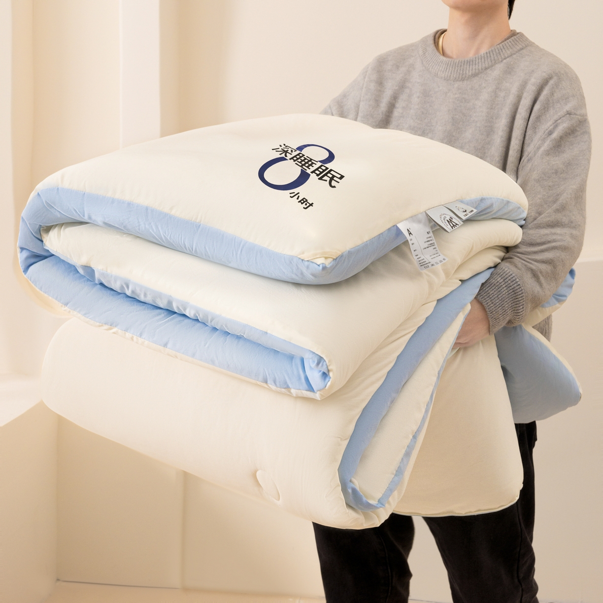 91家纺网 家纺一手货源 找家纺 芬晴家纺 2026春夏新款A类纯色棉花被冬被被子被芯 深睡眠-白蓝