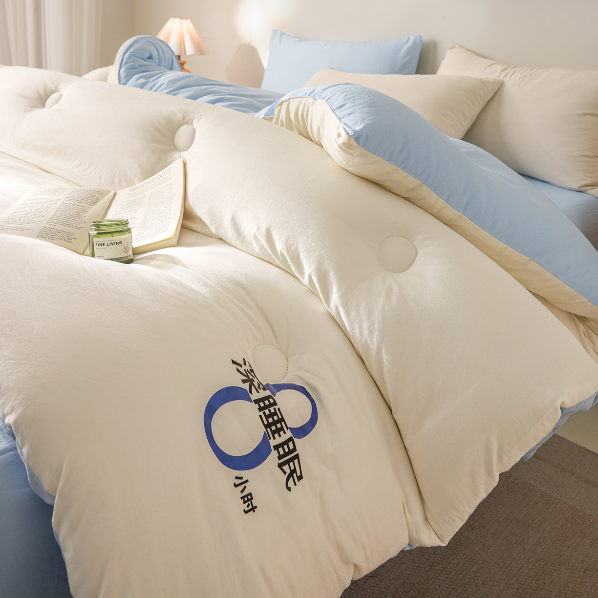 91家纺网 家纺一手货源 找家纺 芬晴家纺 2026春夏新款A类纯色棉花被冬被被子被芯 深睡眠-白蓝