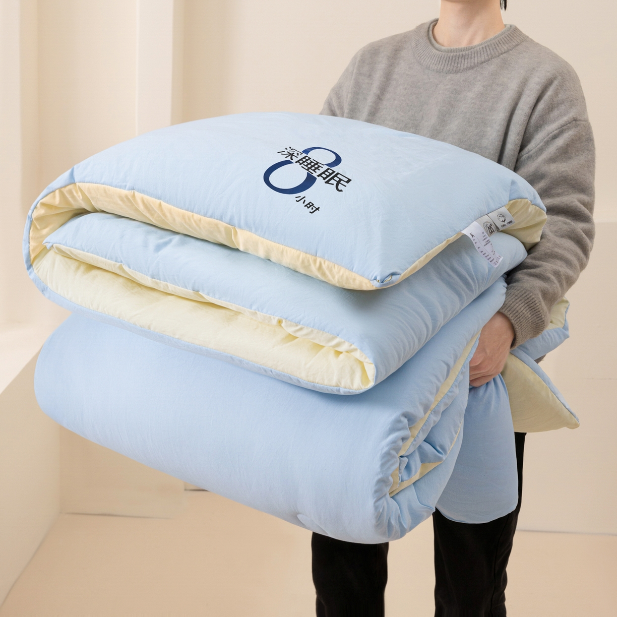 91家纺网 家纺一手货源 找家纺 芬晴家纺 2026春夏新款A类纯色棉花被冬被被子被芯 深睡眠-米黄蓝