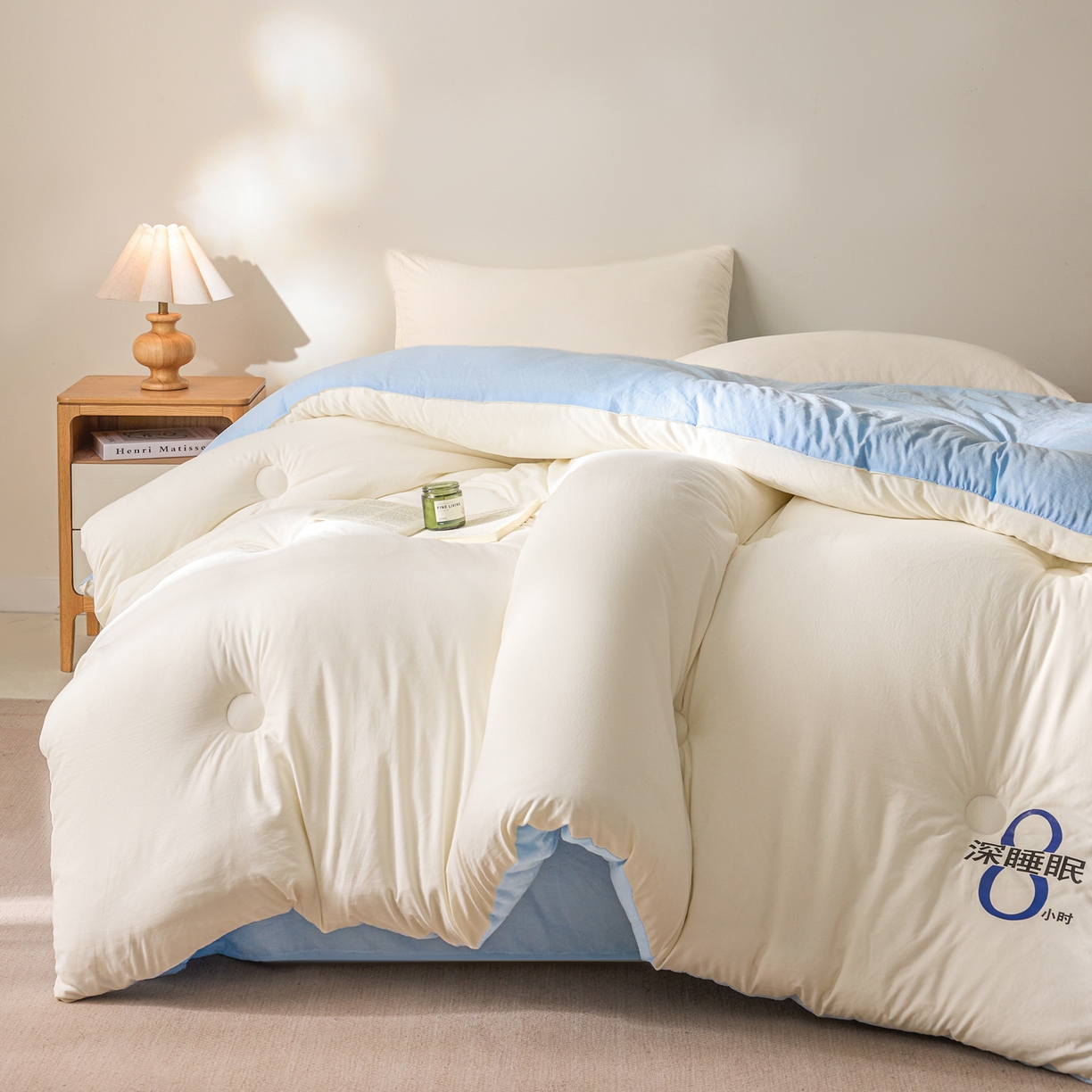 91家纺网 家纺一手货源 找家纺 芬晴家纺 2026春夏新款A类纯色棉花被冬被被子被芯 深睡眠-白蓝