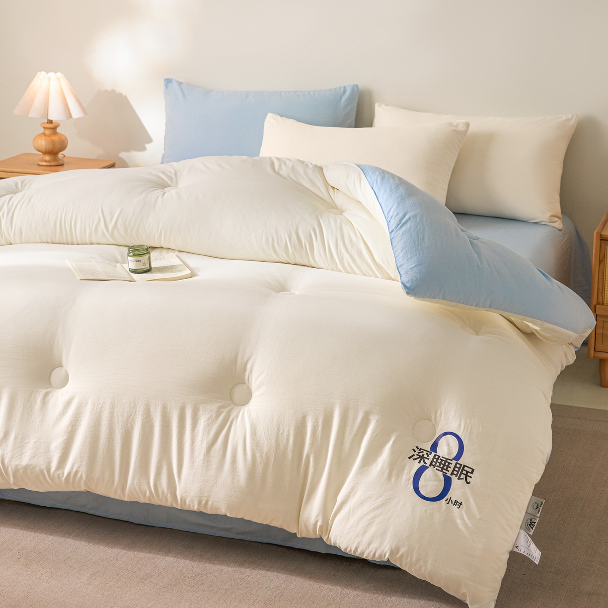 91家纺网 家纺一手货源 找家纺 芬晴家纺 2026春夏新款A类纯色棉花被冬被被子被芯 深睡眠-白蓝