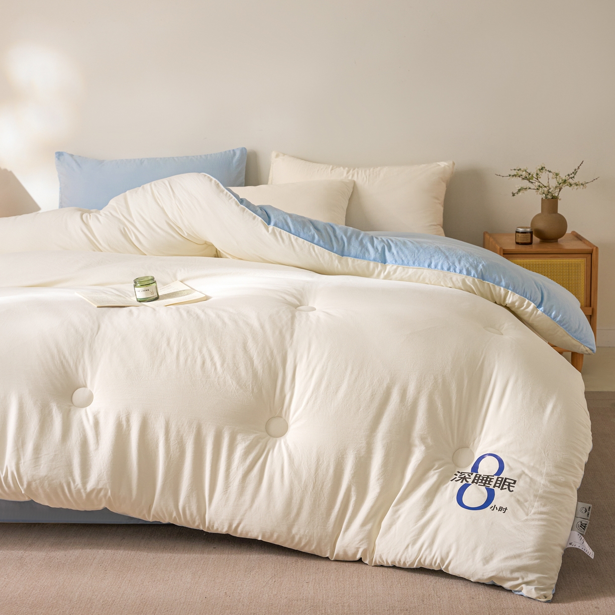 91家纺网 家纺一手货源 找家纺 芬晴家纺 2026春夏新款A类纯色棉花被冬被被子被芯 深睡眠-白蓝