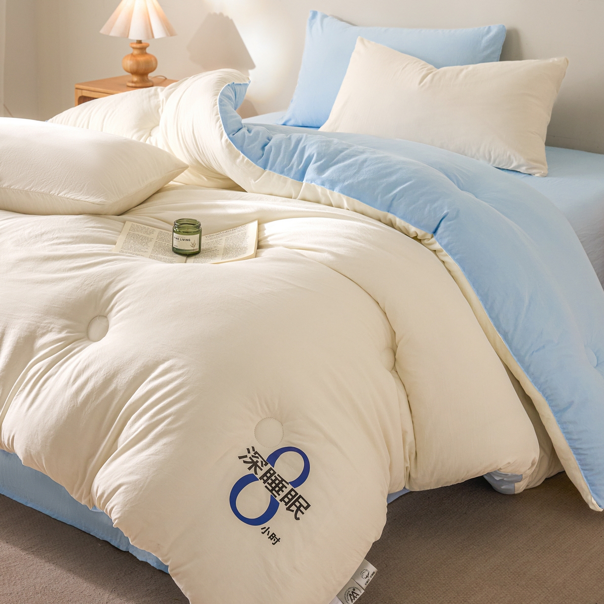 91家纺网 家纺一手货源 找家纺 芬晴家纺 2026春夏新款A类纯色棉花被冬被被子被芯 深睡眠-白蓝