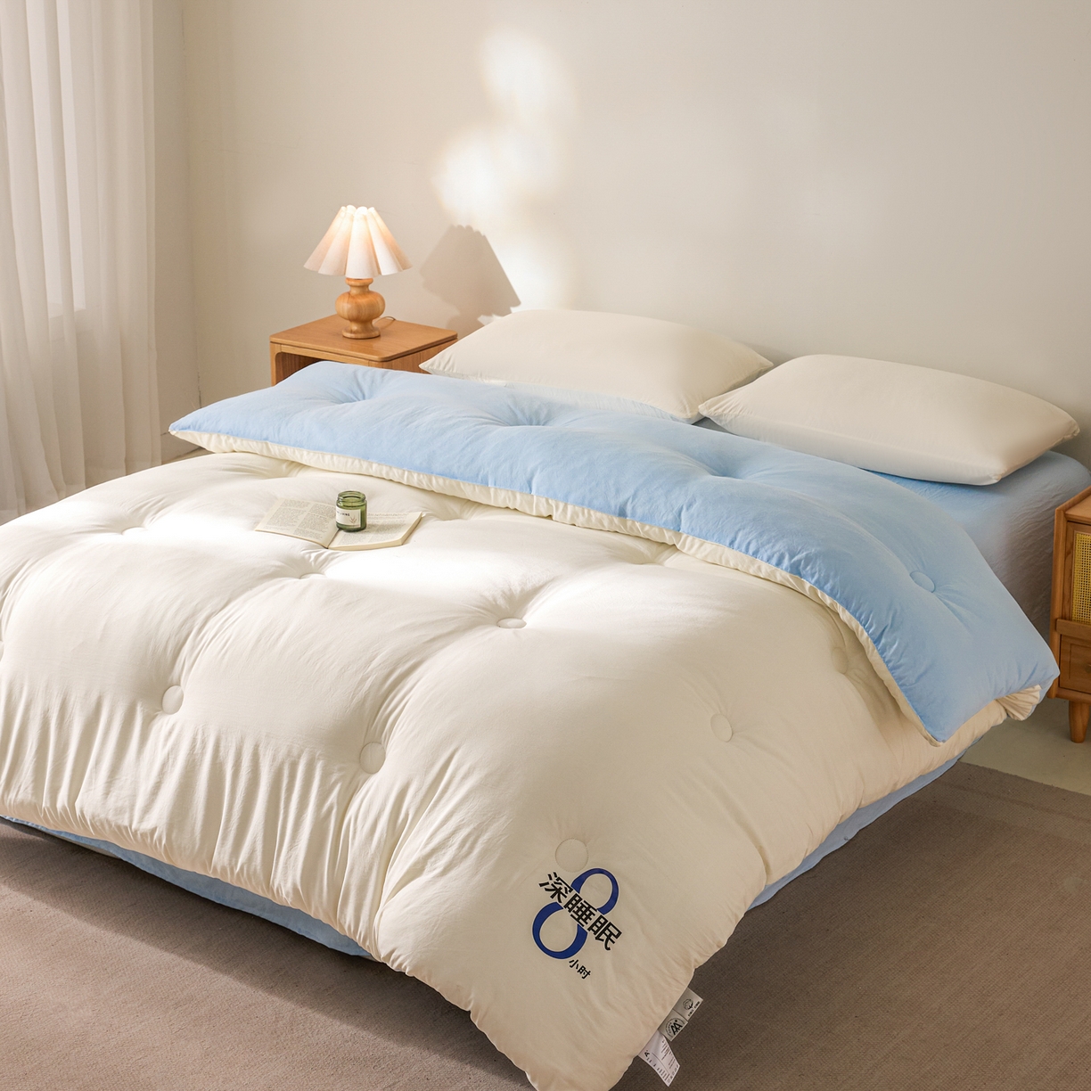 91家纺网 家纺一手货源 找家纺 芬晴家纺 2026春夏新款A类纯色棉花被冬被被子被芯 深睡眠-白蓝