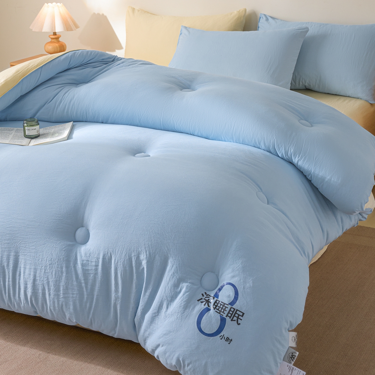91家纺网 家纺一手货源 找家纺 芬晴家纺 2026春夏新款A类纯色棉花被冬被被子被芯 深睡眠-米黄蓝
