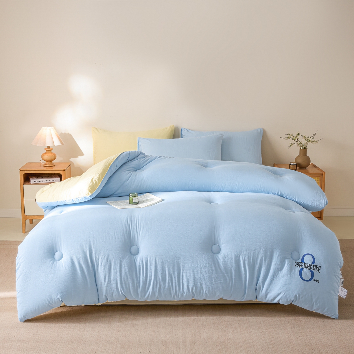 91家纺网 家纺一手货源 找家纺 芬晴家纺 2026春夏新款A类纯色棉花被冬被被子被芯 深睡眠-米黄蓝